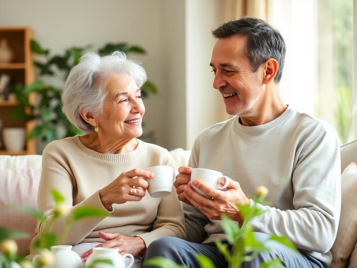 An older woman and a companion talking warmly over tea