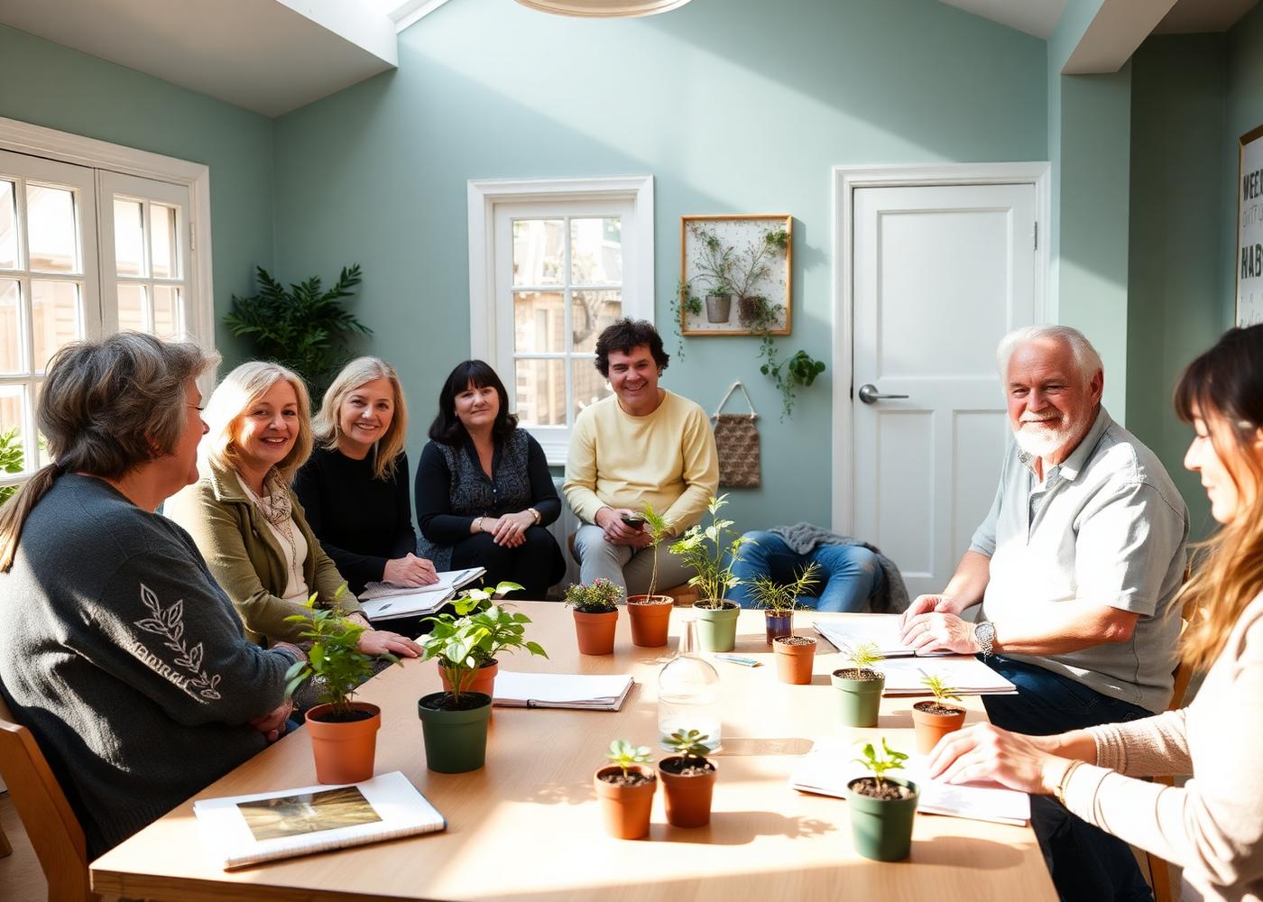 A small workshop group seated around a table with potted seedlings